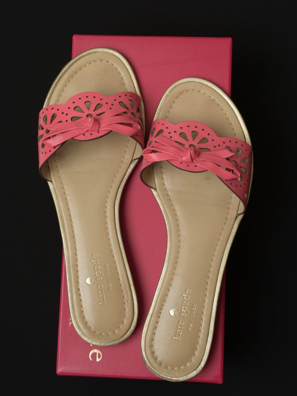 Kate Spade Pink Laser Cut Floral Bow Slide Sandals Flat - 9.5